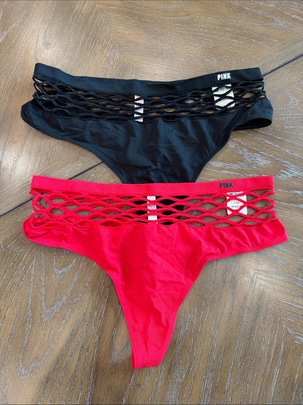 PINK Victoria's Secret Black and Red Mesh Lattice Bikini Bottoms